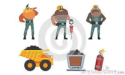Coal and Ore Mining Industry with Bearded Man Miner and Rail Trolley Vector Set Vector Illustration