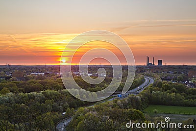 Coal Power Station And Motorway Sunset Stock Photo