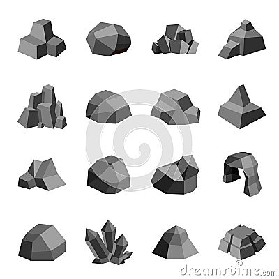 Coal stones rock boulder crystal polygonal design icons set vector illustration Vector Illustration