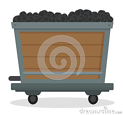 Coal trolley, mining mineral resource, wooden cart with small wheels full of black coal transporting Vector Illustration