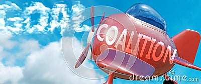 Coalition helps achieve a goal - pictured as word Coalition in clouds, to symbolize that Coalition can help achieving goal in life Cartoon Illustration