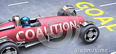 Coalition helps reaching goals, pictured as a race car with a phrase Coalition on a track as a metaphor of Coalition playing vital Cartoon Illustration