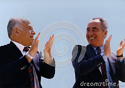 Coalition Partners Yitzhak Shamir and Shimon Peres in Jerusalem in 1986 Editorial Stock Photo