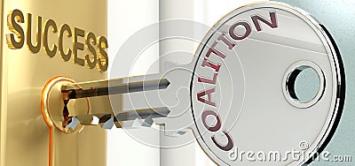 Coalition and success - pictured as word Coalition on a key, to symbolize that Coalition helps achieving success and prosperity in Cartoon Illustration