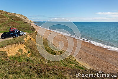 Coast car park overlooking beach Eype Dorset England uk Jurassic coast south of Bridport and near West Bay Stock Photo