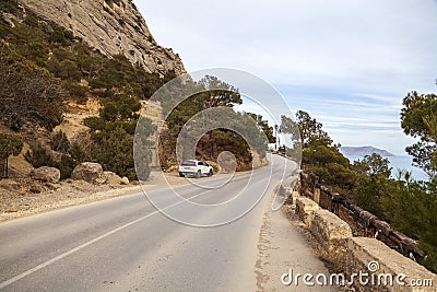 Coast of the Crimea peninsula, rocky mountains, aerial view of the Novy Svet sea resort, mountain serpentine Editorial Stock Photo