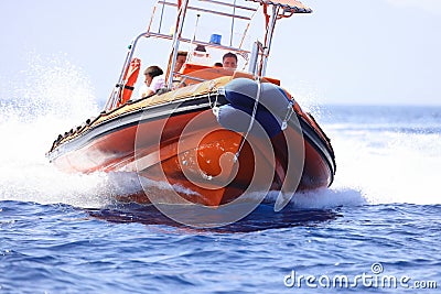 The coast guard boat conducts inspection in the Aegean Sea. Editorial Stock Photo