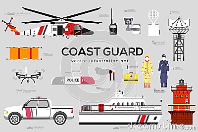 Coast guard with security equipment and team. Vector Illustration