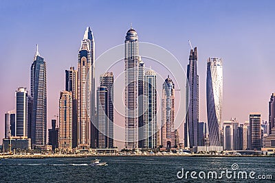 Coast of JBR with Skyscrapers at Sunset, Dubai Stock Photo