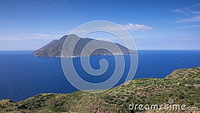 Coast of Lipari and view to volcano island Salina, Sicily Italy Stock Photo