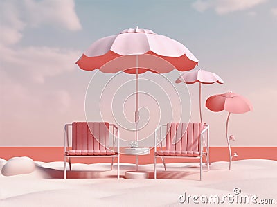summer vacation retro sand chair sun pink parasol umbrella holiday. Generative AI. Stock Photo