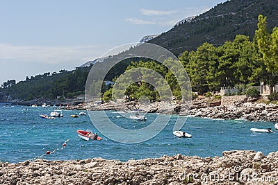 Coast, sea and boats in tourist camp in Ivan Dolac Stock Photo