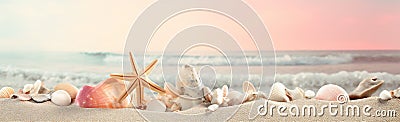 tropical nature summer banner sand sea beach shell holiday ocean. Generative AI. Stock Photo