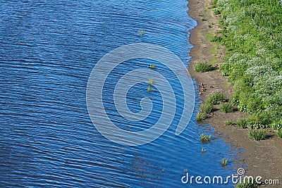 Coast of sea island edge, aerial top view. Densely green jungle peninsula, copy space. Pure, clean and calm blue water. Virgin Stock Photo