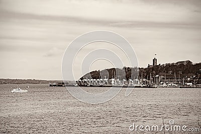 Coast view. Yachts and boats moored in the pier Stock Photo