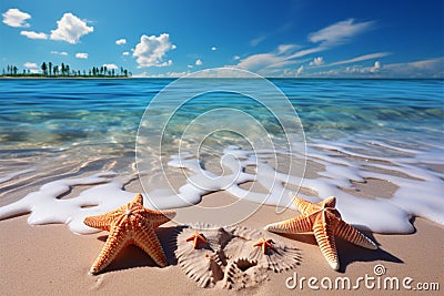 Coastal bliss Seashells and starfish embellish the idyllic tropical beach scene Stock Photo