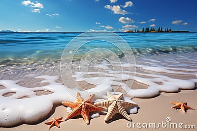 Coastal bliss Seashells and starfish embellish the idyllic tropical beach scene Stock Photo