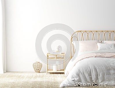 Coastal boho style bedroom interior background, wall mockup Stock Photo