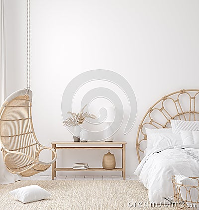 Coastal boho style bedroom interior, wall mockup Stock Photo