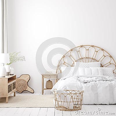 Coastal boho style bedroom interior, wall mockup Stock Photo