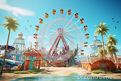 Coastal carnival with colorful Ferris wheel and. Generative ai Stock Photo