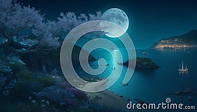 a coastal city, full moon over the sea, floral dream, Stock Photo