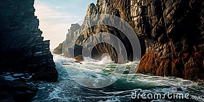 Coastal cliffs and shorelines, highlighting the intricate patterns created by waves and rock , Generative AI Stock Photo