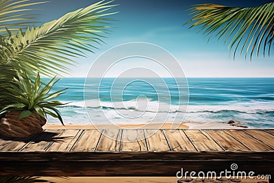 Coastal elegance Wood table featuring seascape and palm leaves in oil painting Stock Photo