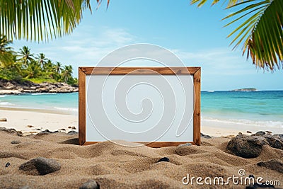 Coastal escape Blank board amidst palm trees, sandy beach, and tranquil ocean Stock Photo