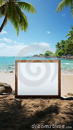 Coastal escape Blank board amidst palm trees, sandy beach, and tranquil ocean Stock Photo