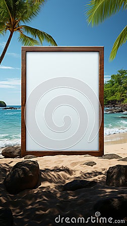 Coastal escape Blank board amidst palm trees, sandy beach, and tranquil ocean Stock Photo