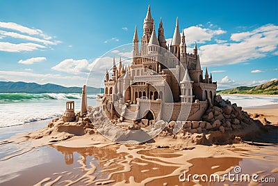 Coastal escape Sandcastle by the sea embodies the essence of holiday leisure Stock Photo