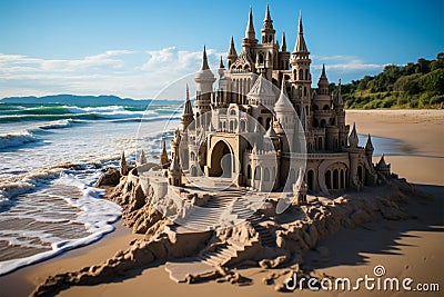 Coastal escape Sandcastle by the sea embodies the essence of holiday leisure Stock Photo