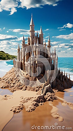 Coastal escape Sandcastle by the sea embodies the essence of holiday leisure Stock Photo