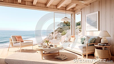 Coastal Escape: Serene 3D Interior Model with Beachy Vibes and Breathtaking Ocean Views Stock Photo