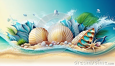 Coastal Escape Summer Travel Background with Sea shell. Generative AI Stock Photo