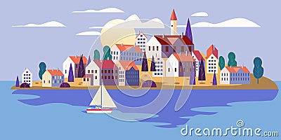 Coastal exotic resort city seaside island houses hotels, skyscrapers at vivid sunset on the ocean beach. Minimal trendy Vector Illustration