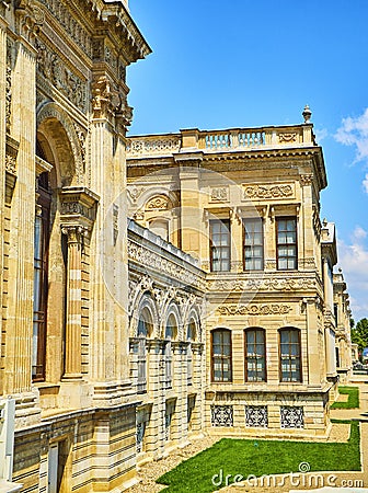 Coastal facade of the Dolmabahce Palace. Besiktas district, Istanbul, Turkey. Editorial Stock Photo