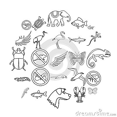 Coastal fauna icons set, outline style Vector Illustration