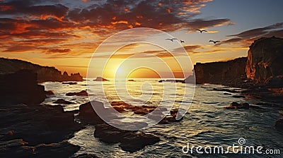 Coastal Harmony: A Lone Bird Flies Across a Sunlit Seaside Sunset. Generative AI Stock Photo