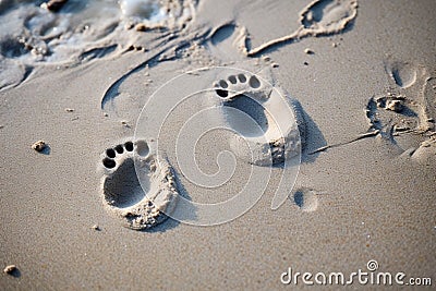 Coastal imprints Closeup photo captures human and child footprints Stock Photo