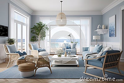 A coastal-inspired kitchen with blue and white decor. Generative AI Stock Photo