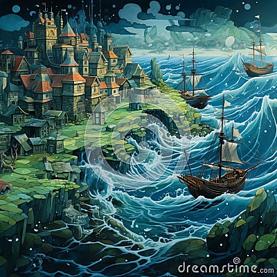 Coastal Kingdom: Waves Embrace a Medieval City by the Ocean Cartoon Illustration