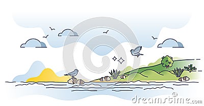 Coastal landscape scene with sea or ocean coast and beach outline concept Vector Illustration