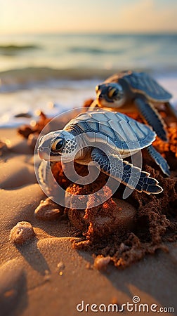 Coastal marvel Seaside hatching unveils baby turtles as they start oceanic exploration. Stock Photo