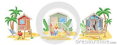 Coastal residences for tourist at exotic resort with bungalows, villas private buildings set Vector Illustration