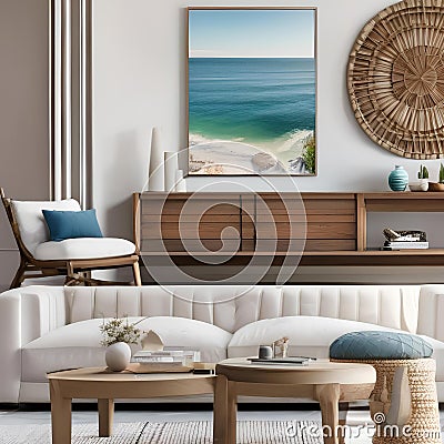 A coastal retreat-inspired living room with a breezy color palette, driftwood decor, and sea-inspired accessories1 Stock Photo