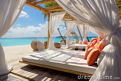 Coastal retreat white beach canopies, luxurious beach scenery view Stock Photo