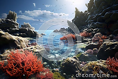 Coastal rocks and tide pools teeming with marine. Generative ai Stock Photo