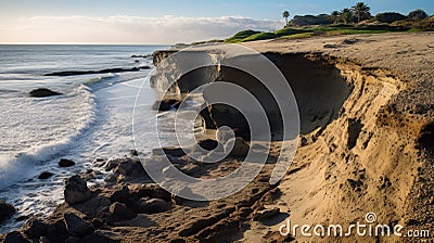 A coastal scene where the impacts of El Nino induced sea level rise and intense storms have led to severe erosion Stock Photo